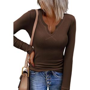 imageZeagoo Womens Long Sleeve Shirts VNeck Rib Knit Slim Fit Tops Casual Stretch Basic Tee Going Out Top Fall Fashion 2025Brown