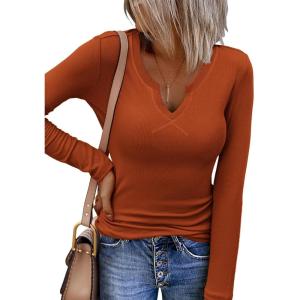 imageZeagoo Womens Long Sleeve Shirts VNeck Rib Knit Slim Fit Tops Casual Stretch Basic Tee Going Out Top Fall Fashion 2025Caramel