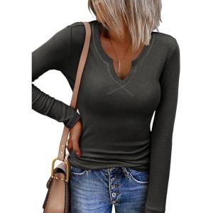 imageZeagoo Womens Long Sleeve Shirts VNeck Rib Knit Slim Fit Tops Casual Stretch Basic Tee Going Out Top Fall Fashion 2025Dark Grey