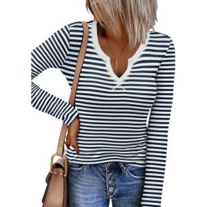 imageZeagoo Womens Long Sleeve Shirts VNeck Rib Knit Slim Fit Tops Casual Stretch Basic Tee Going Out Top Fall Fashion 2025Navy White Stripe