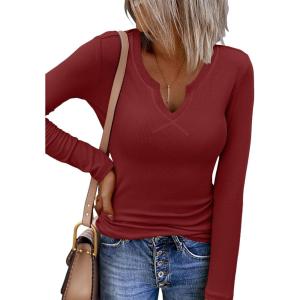 imageZeagoo Womens Long Sleeve Shirts VNeck Rib Knit Slim Fit Tops Casual Stretch Basic Tee Going Out Top Fall Fashion 2025Wine Red