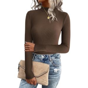 imageZeagoo Womens Long Sleeve Stretch Shirts Mock Neck Ribbed TShirt Fitted Casual Basic Tops 2024Brown