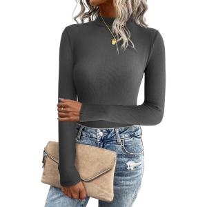 imageZeagoo Womens Long Sleeve Stretch Shirts Mock Neck Ribbed TShirt Fitted Casual Basic Tops 2024Dark Grey