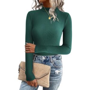 imageZeagoo Womens Long Sleeve Stretch Shirts Mock Neck Ribbed TShirt Fitted Casual Basic Tops 2024Evergreen