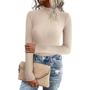 imageZeagoo Womens Long Sleeve Stretch Shirts Mock Neck Ribbed TShirt Fitted Casual Basic Tops 2024Khaki