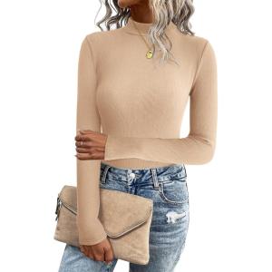 imageZeagoo Womens Long Sleeve Stretch Shirts Mock Neck Ribbed TShirt Fitted Casual Basic Tops 2024Light Brown