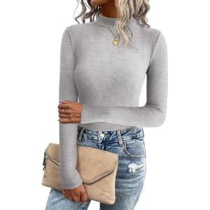 imageZeagoo Womens Long Sleeve Stretch Shirts Mock Neck Ribbed TShirt Fitted Casual Basic Tops 2024Light Grey