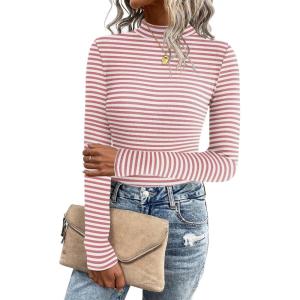 imageZeagoo Womens Long Sleeve Stretch Shirts Mock Neck Ribbed TShirt Fitted Casual Basic Tops 2024Pink Stripe