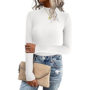 imageZeagoo Womens Long Sleeve Stretch Shirts Mock Neck Ribbed TShirt Fitted Casual Basic Tops 2024White