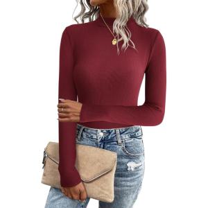 imageZeagoo Womens Long Sleeve Stretch Shirts Mock Neck Ribbed TShirt Fitted Casual Basic Tops 2024Wine Red
