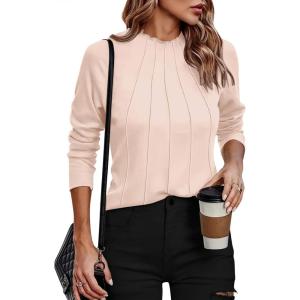 imageZeagoo Womens Long Sleeve T Shirts Casual Mock Neck Tops Fall Pleated Blouses Basic Trendy Clothes 2024Apricot