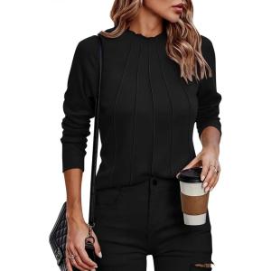 imageZeagoo Womens Long Sleeve T Shirts Casual Mock Neck Tops Fall Pleated Blouses Basic Trendy Clothes 2024Black