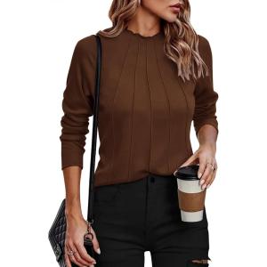 imageZeagoo Womens Long Sleeve T Shirts Casual Mock Neck Tops Fall Pleated Blouses Basic Trendy Clothes 2024Brown