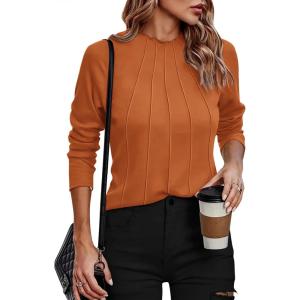 imageZeagoo Womens Long Sleeve T Shirts Casual Mock Neck Tops Fall Pleated Blouses Basic Trendy Clothes 2024Light Brown