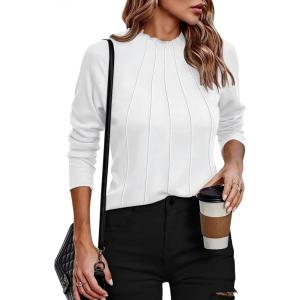 imageZeagoo Womens Long Sleeve T Shirts Casual Mock Neck Tops Fall Pleated Blouses Basic Trendy Clothes 2024White