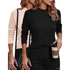 imageZeagoo Womens Long Sleeve T Shirts Casual Mock Neck Tops Fall Pleated Blouses Basic Trendy Clothes 2024ZblackApricot
