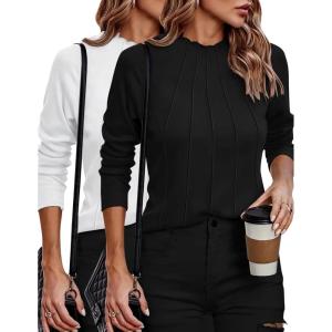 imageZeagoo Womens Long Sleeve T Shirts Casual Mock Neck Tops Fall Pleated Blouses Basic Trendy Clothes 2024ZblackWhite