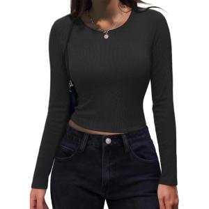imageZeagoo Womens Ribbed Fitted Crop Tops Long Sleeve T Shirts Basic Scoop Neck Casual Slim Fitted Y2k Clothes 202501 Black