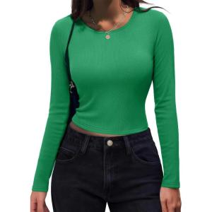 imageZeagoo Womens Ribbed Fitted Crop Tops Long Sleeve T Shirts Basic Scoop Neck Casual Slim Fitted Y2k Clothes 202501 Green