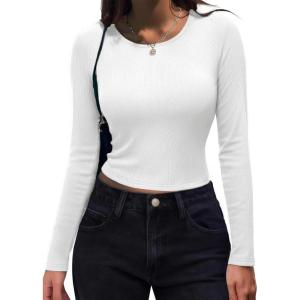 imageZeagoo Womens Ribbed Fitted Crop Tops Long Sleeve T Shirts Basic Scoop Neck Casual Slim Fitted Y2k Clothes 202501 White