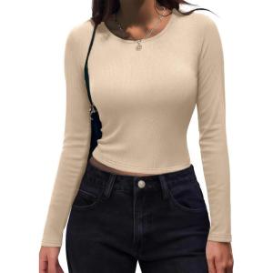 imageZeagoo Womens Ribbed Fitted Crop Tops Long Sleeve T Shirts Basic Scoop Neck Casual Slim Fitted Y2k Clothes 2025Beige