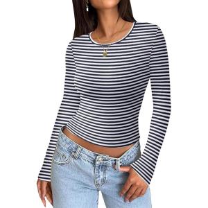 imageZeagoo Womens Ribbed Fitted Crop Tops Long Sleeve T Shirts Basic Scoop Neck Casual Slim Fitted Y2k Clothes 2025Black Navy Stripe