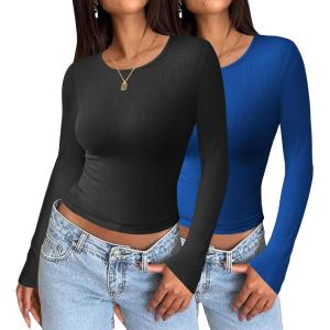 imageZeagoo Womens Ribbed Fitted Crop Tops Long Sleeve T Shirts Basic Scoop Neck Casual Slim Fitted Y2k Clothes 2025Black blue