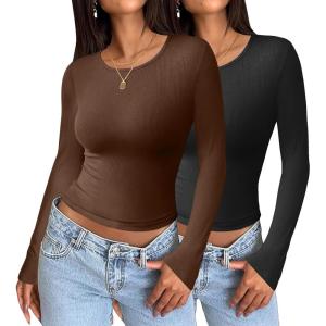 imageZeagoo Womens Ribbed Fitted Crop Tops Long Sleeve T Shirts Basic Scoop Neck Casual Slim Fitted Y2k Clothes 2025Black brown