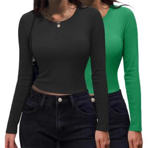 imageZeagoo Womens Ribbed Fitted Crop Tops Long Sleeve T Shirts Basic Scoop Neck Casual Slim Fitted Y2k Clothes 2025Black green