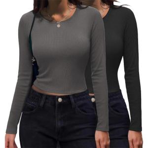 imageZeagoo Womens Ribbed Fitted Crop Tops Long Sleeve T Shirts Basic Scoop Neck Casual Slim Fitted Y2k Clothes 2025Black grey