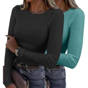 imageZeagoo Womens Ribbed Fitted Crop Tops Long Sleeve T Shirts Basic Scoop Neck Casual Slim Fitted Y2k Clothes 2025Black haze Blue