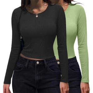 imageZeagoo Womens Ribbed Fitted Crop Tops Long Sleeve T Shirts Basic Scoop Neck Casual Slim Fitted Y2k Clothes 2025Black light Green