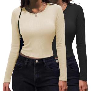 imageZeagoo Womens Ribbed Fitted Crop Tops Long Sleeve T Shirts Basic Scoop Neck Casual Slim Fitted Y2k Clothes 2025Black off White
