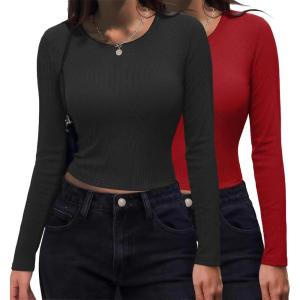imageZeagoo Womens Ribbed Fitted Crop Tops Long Sleeve T Shirts Basic Scoop Neck Casual Slim Fitted Y2k Clothes 2025Black red