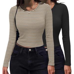 imageZeagoo Womens Ribbed Fitted Crop Tops Long Sleeve T Shirts Basic Scoop Neck Casual Slim Fitted Y2k Clothes 2025Black white Brown Stripe