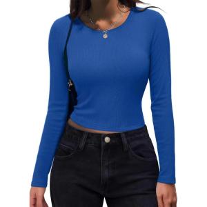 imageZeagoo Womens Ribbed Fitted Crop Tops Long Sleeve T Shirts Basic Scoop Neck Casual Slim Fitted Y2k Clothes 2025Blue