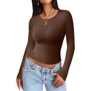 imageZeagoo Womens Ribbed Fitted Crop Tops Long Sleeve T Shirts Basic Scoop Neck Casual Slim Fitted Y2k Clothes 2025Brown