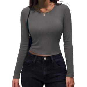 imageZeagoo Womens Ribbed Fitted Crop Tops Long Sleeve T Shirts Basic Scoop Neck Casual Slim Fitted Y2k Clothes 2025Dark Grey