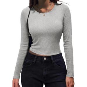 imageZeagoo Womens Ribbed Fitted Crop Tops Long Sleeve T Shirts Basic Scoop Neck Casual Slim Fitted Y2k Clothes 2025Grey