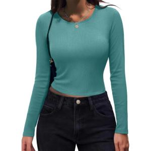 imageZeagoo Womens Ribbed Fitted Crop Tops Long Sleeve T Shirts Basic Scoop Neck Casual Slim Fitted Y2k Clothes 2025Haze Blue