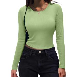 imageZeagoo Womens Ribbed Fitted Crop Tops Long Sleeve T Shirts Basic Scoop Neck Casual Slim Fitted Y2k Clothes 2025Light Green