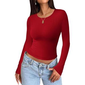 imageZeagoo Womens Ribbed Fitted Crop Tops Long Sleeve T Shirts Basic Scoop Neck Casual Slim Fitted Y2k Clothes 2025Red