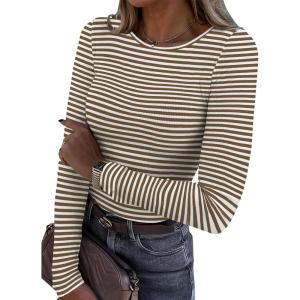 imageZeagoo Womens Ribbed Fitted Crop Tops Long Sleeve T Shirts Basic Scoop Neck Casual Slim Fitted Y2k Clothes 2025White Brown Stripe