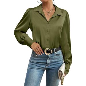 imageZeagoo Womens Satin Blouse Lantern Long Sleeve Silk Button Down Shirt Dressy Casual Business Work Tunic TopsArmy Green