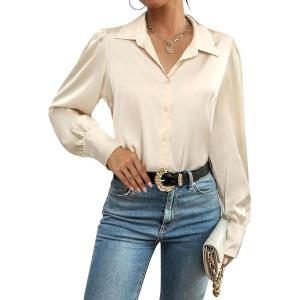 imageZeagoo Womens Satin Blouse Lantern Long Sleeve Silk Button Down Shirt Dressy Casual Business Work Tunic TopsBeige