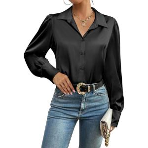 imageZeagoo Womens Satin Blouse Lantern Long Sleeve Silk Button Down Shirt Dressy Casual Business Work Tunic TopsBlack