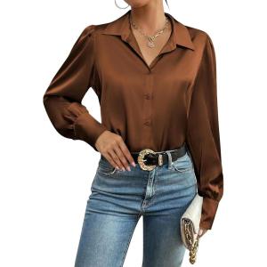 imageZeagoo Womens Satin Blouse Lantern Long Sleeve Silk Button Down Shirt Dressy Casual Business Work Tunic TopsBrown