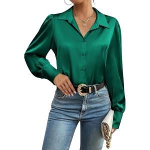 imageZeagoo Womens Satin Blouse Lantern Long Sleeve Silk Button Down Shirt Dressy Casual Business Work Tunic TopsGreen