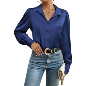 imageZeagoo Womens Satin Blouse Lantern Long Sleeve Silk Button Down Shirt Dressy Casual Business Work Tunic TopsNavy Blue