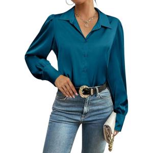 imageZeagoo Womens Satin Blouse Lantern Long Sleeve Silk Button Down Shirt Dressy Casual Business Work Tunic TopsPeacock Blue